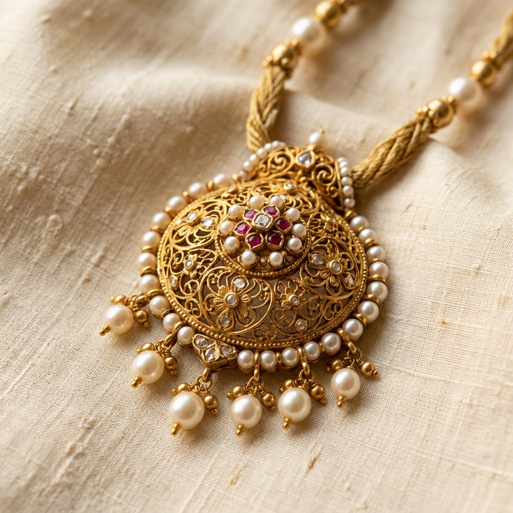 Antique Gold Filigree Pendant with Pearls