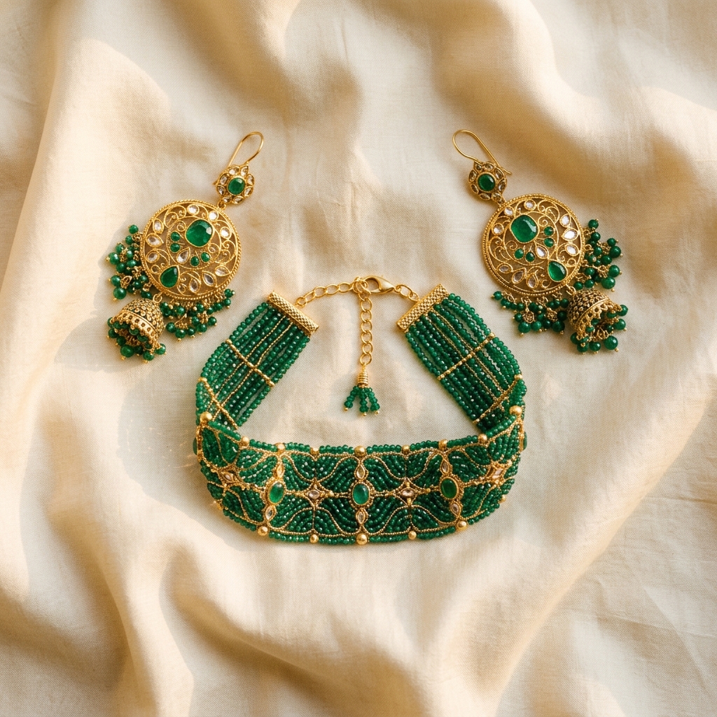 Emerald Beaded Choker and Jhumkas