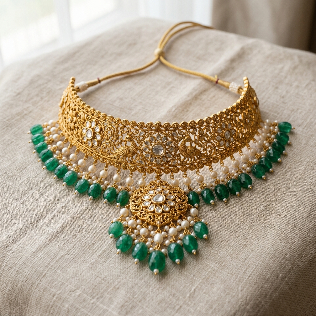 Emerald Kundan Peacocks Choker